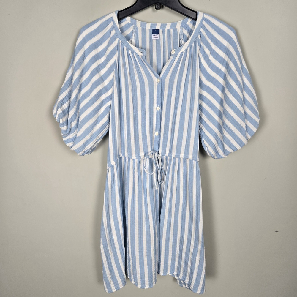 Old Navy Womens Puff Sleeve Mini Shirt Dress Size S Blue Striped Coastal Peasant